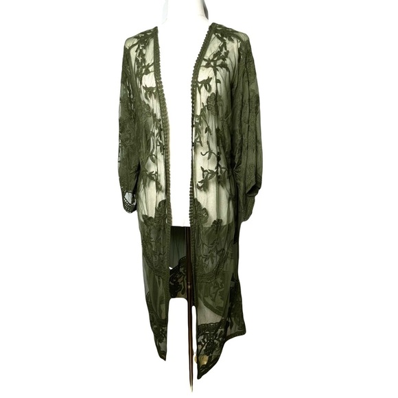 NEW Francescas Dizzy Lizzy Olive Lace and mesh Kimono Women’s Size Large Shrug - Picture 2 of 12